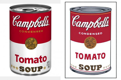 Esq: a lata clássica do jeito que ela aparece nas gôndolas dos supermercados Dir: A pintura original feito por Warhol em 1962